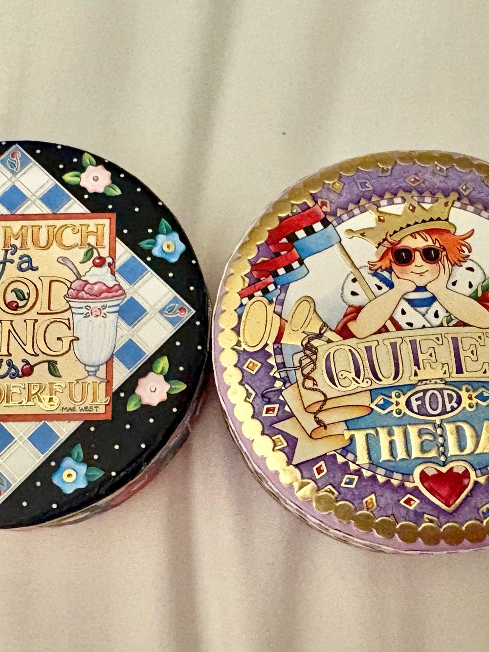 Mary Engelbreit Decorative Round Tins in Black and Purple